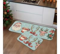 Alfombrillas de cocina vintage de Navidad, color azul claro, diseño de reno de Papá Noel, acolchadas, lavables, antideslizantes, para fregaderos de cocina, lavandería, 2 unidades