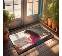 Alfombrillas de interior para entrada de puerta delantera, esquina creativa: una chica dibujando junto a la ventana, felpudo de casa al aire libre divertido alfombra de cocina de granja (40 x 60 cm)