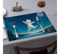 Alfombrillas de silicona para encimera de cocina, diseño de gato blanco feliz flotando en el cielo nocturno sobre un lago sereno, manteles individuales decorativos de Pascua (6 piezas)