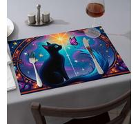 Alfombrillas de silicona para encimera de cocina, diseño de gato negro con cola azul que mira una mariposa morada contra un comedor estrellado, manteles individuales rosados (4 piezas)