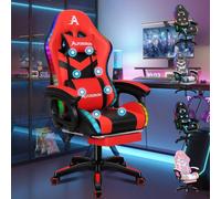 ALFORDSON LED Silla Gaming, Silla Gamer con Masaje de 8 Puntos, Silla de Ordenador Ergonómico con Iluminación RGB con Soporte Lumbar y Reposacabezas, Altura Ajustable, Cuero sintético, Rojo
