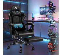 ALFORDSON Silla de Masaje para Juegos, reclinable 150°, ergonómica, con reposapiés, Altura Ajustable, Silla de Carreras, Capacidad de 180 kg, Cuero sintético, Negro