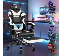 ALFORDSON Silla de Masaje para Juegos, reclinable 150°, ergonómica, con reposapiés, Altura Ajustable, Silla de Carreras, Capacidad de 180 kg, Cuero sintético, Blanco