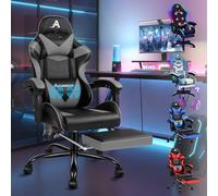 ALFORDSON Silla de Masaje para Juegos, reclinable 150°, ergonómica, con reposapiés, Altura Ajustable, Silla de Carreras, Capacidad de 180 kg, Cuero sintético, Gris