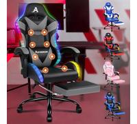 ALFORDSON Silla de Masaje para Videojuegos, Silla de Carreras con LED, Silla de Escritorio ergonómica con reclinación de 150°, reposapiés retráctil, Capacidad de 180 kg, Cuero sintético, Gris