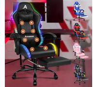 ALFORDSON Silla de Masaje para Videojuegos, Silla de Carreras con LED, Silla de Escritorio ergonómica con reclinación de 150°, reposapiés retráctil, Capacidad de 180 kg, Cuero sintético, Negro