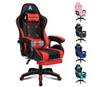 ALFORDSON Silla de Oficina, Silla de Escritorio con Cojín Lumbar de Masaje, Silla Ergonómica para Computadora con Respaldo Inclinable, Silla Giratoria con Reposapiés, Altura Ajustable, Rojo