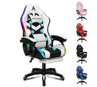 ALFORDSON Silla Gaming con Masaje y LED, Silla Gamer Ergonómica con Cojín Lumbar y Cervical, Reposapiés Telescópico, Iluminación para Ordenador, Videojuego, Juegos, Oficina, Cuero PU(Blanca)