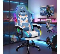 ALFORDSON Silla Gaming con Masaje y LED, Silla Gamer Ergonómica con Reposapiés Telescópico, Cojín Lumbar y Cervical, Iluminación para Juegos, Oficina, Ordenador, Videojuego, Tela(Azul y Blanco)