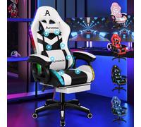 ALFORDSON Silla Gaming con Masaje y LED, Silla Gamer Ergonómica con Reposapiés Telescópico, Cojín Lumbar y Cervical, Iluminación para Juegos, Oficina, Ordenador, Videojuego, Polipiel(Blanco)