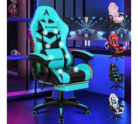ALFORDSON Silla Gaming con Masaje y LED, Silla Gamer Ergonómica con Reposapiés Telescópico, Cojín Lumbar y Cervical, Iluminación para Juegos, Oficina, Ordenador, Videojuego, Polipiel(Cian)
