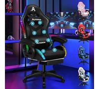 ALFORDSON Silla Gaming con Masaje y LED, Silla Gamer Ergonómica con Reposapiés Telescópico, Cojín Lumbar y Cervical, Iluminación para Juegos, Oficina, Ordenador, Videojuego, Cuero PU(Negra)
