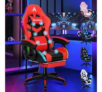 ALFORDSON Silla Gaming con Masaje y LED, Silla Gamer Ergonómica con Reposapiés Telescópico, Cojín Lumbar y Cervical, Iluminación para Juegos, Oficina, Ordenador, Videojuego, Polipiel(Rojo)