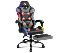 ALFORDSON Silla Gaming con Masajeador y Luces LED, Altura Regulable Cadeira con Apoyo Lumbar y Reposacabezas, Silla Gamer Ergonómica para Escritorio Respaldo Inclinable hasta 150°, Cuero PU(Gris)