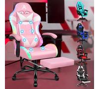 ALFORDSON Silla Gaming con Masajeador y Luces LED, Silla Gamer Ergonómica para Escritorio, Altura Regulable Cadeira con Apoyo Lumbar y Reposacabezas, Respaldo Inclinable hasta 150°, Polipiel(Rosa)