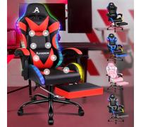 ALFORDSON Silla Gaming con Masajeador y Luces LED, Silla Gamer Ergonómica para Escritorio, Altura Regulable Cadeira con Apoyo Lumbar y Reposacabezas, Respaldo Inclinable hasta 150°, Cuero PU(Roja)