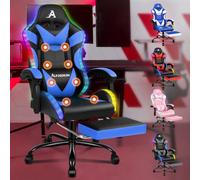 ALFORDSON Silla Gaming con Masajeador y Luces LED, Silla Gamer Ergonómica para Escritorio, Altura Regulable Cadeira con Apoyo Lumbar y Reposacabezas, Respaldo Inclinable hasta 150°, Cuero PU(Azul)