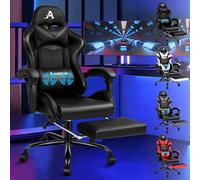ALFORDSON Silla Gaming para Escritorio con Masajeador, Silla Gamer Ergonómica Cojín Lumbar y Cervical, Reposapiés Retráctil, Ruedas Giratorias 360°, para Ordenador,Oficina,Videojuego, Cuero PU(Negra)