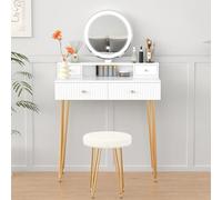 ALFORDSON Tocador con cajones blancos, moderno tocador estriado espejo LED, taburete a juego, asas cónicas doradas, patas de horquilla, escritorio, dormitorio, apartamento, espacios pequeños
