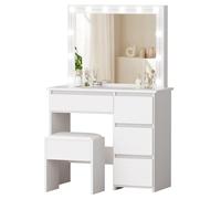 ALFORDSON Tocador con Espejo, 4 cajones y Taburete, Luces LED Ajustables, 90 cm de Largo, Ideal para Dormitorio de Mujeres y niñas., Blanco