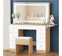 ALFORDSON Tocador con Espejo, 7 cajones y Tomas de Corriente, Juego de tocador con Taburete de Almacenamiento y Tablero Sumergible, Luces de 3 Modos de Color, Madera
