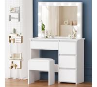 ALFORDSON Tocador con Espejo e iluminación, Juego de tocador de 90 cm con 4 cajones y Taburete de Almacenamiento, Luces LED Ajustables, tocador para Dormitorio de Mujeres y niñas, Blanco