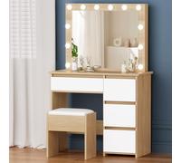 ALFORDSON Tocador con Espejo, Juego de tocador con 4 cajones y Taburete de Almacenamiento, Escritorio de 90 cm de Largo, Luces LED Ajustables, tocador de Dormitorio para Mujeres y niñas, Madera