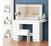 ALFORDSON - Tocador con Espejo y enchufes, Taburete de Almacenamiento, 7 cajones y Tablero Flotante, 3 Modos de Color y regulación Continua para Dormitorio de Mujer., Blanco