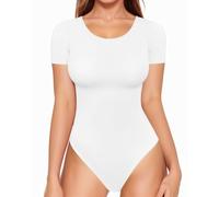 ALGALAROUND Bodys für Damen Body Kurzarm Eng Bodysuit mit Classic Rundhalsausschnitt Baumwolle ELegant Damenbody Women T-shirts Tops Oberteil, Blanco, L