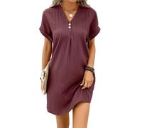 Algodón y Lino Vestidos Largos Verano Mujer 2026 Ropa Mujer Casual Manga Corta Ropa Algodon Otoño Tallas Grandes Vestidos Cuello en V Playa Verano Vestido Elegantes Dresses for Women Vino L