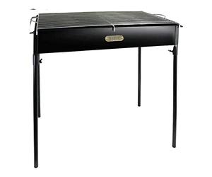 Algon | Barbacoa de Hierro Artesanal con Ruedas Parrilla Zincada Rectangular para Carbón y Leña | Barbacoa Ajustable en 5 Niveles Protector de Viento y Superficie Lateral de Madera (80x42 cm)