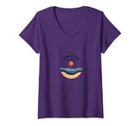 Alguna Playa En Algún Lugar Costera Puesta De Camiseta Cuello V, Mujer, Morado, M