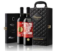 «Algunos finales son felices Otros son necesarios» Mensaje en una Botella. Estuche-Maletín de LUJO 2x Vino Tinto Premium Reserva 12 Meses y Set de 4 Accesorios. Etiqueta Roja PERSONALIZABLE