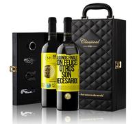«Algunos finales son felices Otros son necesarios» Mensaje en una Botella. Estuche-Maletín de LUJO 2x Vino Tinto Premium Reserva 12 Meses y Set de 4 Accesorios. Etiqueta Amarilla PERSONALIZABLE
