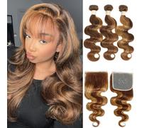 ALHER 3 paquetes de cabello humano ondulado 4/27 con cierre de encaje de 5 x 5 pulgadas (20, 22, 24 + 18), cabello humano ondulado brasileño 10A, 100% cabello virgen brasileño para mujer