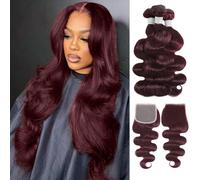 ALHER 3 paquetes de cabello humano ondulado de color borgoña oscuro 99j con cierre de encaje HD de 4 x 4, color rojo vino púrpura 10A, suave, grueso, 3 paquetes con cierre de parte libre, 100% cabello