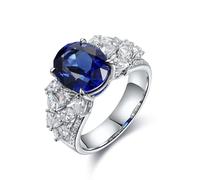 Alianza de plata de ley, anillo de boda para mujer, vintage, 4 puntas con zafiro ovalado de 5 quilates, para esposa y prometida, J 1/2, Zafiro sintético