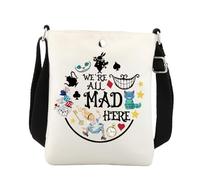 Alice - Bolso cruzado para teléfono celular, diseño de princesa Alicia, regalo inspirado en Alicia y el país de las maravillas, con texto en inglés "We're All Mad Here", White, 8.26*5.9 inches
