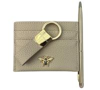 Alice Wheeler London - Juego de regalo de lujo de 3 piezas, tarjetero de cuero vegano con lazo y accesorio de abeja dorada, llavero exclusivo y bolígrafo con lápiz capacitivo, caja de regalo, 5