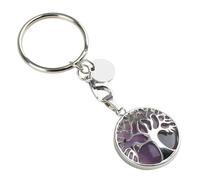 Alide Llavero de plata con el Árbol de la Vida, hecho a mano, con cristal de amatista púrpura, etiqueta de identificación para chakras, Reiki y curación para mujer.