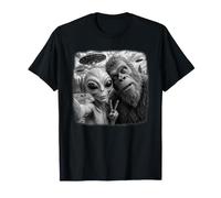 Alien & Bigfoot Selfie Funny UFO | Cryptid Blanco y Negro Camiseta