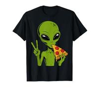 Alien Comer Pizza Paz Signo Verde Extraterrestre Alienígena Camiseta