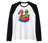 Alien on Flamingo Float Divertido Verano Piscina Dibujos Animados Arte Camiseta Manga Raglan