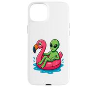 Alien on Flamingo Float Divertido Verano Piscina Dibujos Animados Arte Carcasa para iPhone 15 Plus