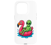 Alien on Flamingo Float Divertido Verano Piscina Dibujos Animados Arte Carcasa para iPhone 15 Pro