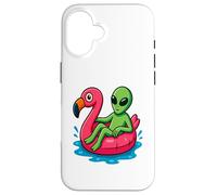 Alien on Flamingo Float Divertido Verano Piscina Dibujos Animados Arte Carcasa para iPhone 16