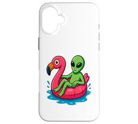 Alien on Flamingo Float Divertido Verano Piscina Dibujos Animados Arte Carcasa para iPhone 16 Plus