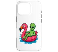 Alien on Flamingo Float Divertido Verano Piscina Dibujos Animados Arte Carcasa para iPhone 16 Pro