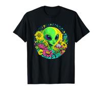 Alien rodeado de flores bajo la luna Camiseta