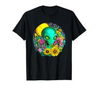 Alien rodeado de flores coloridas bajo la luna Camiseta
